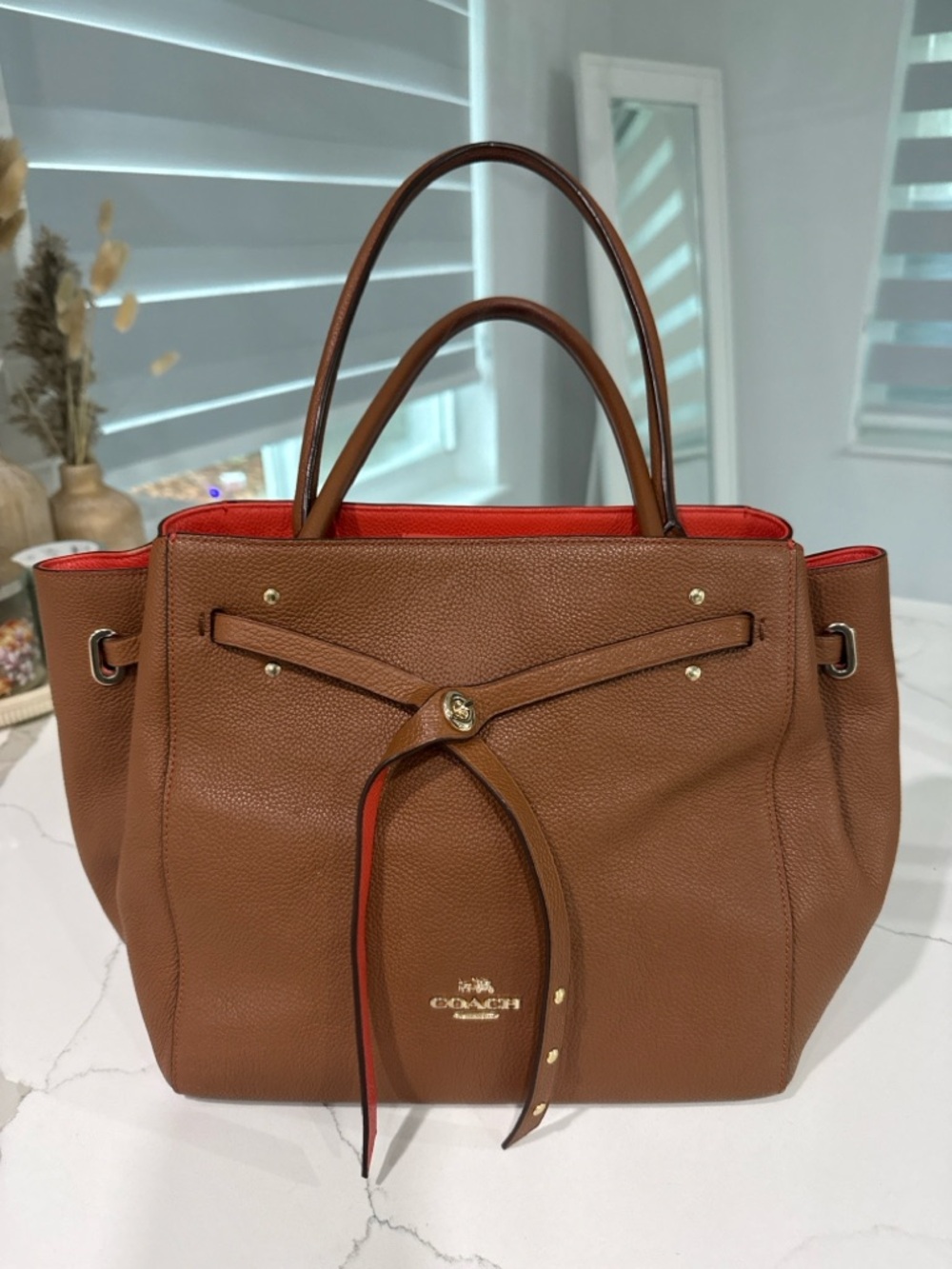 Coach Turnlock Tie Tote Saddle Brown Contrast Orange - GORGEOUS CONDITION! - Picture 4 of 15